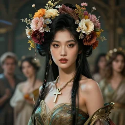 a stunning portrait of an asian valkyrie with flowers in her hair by artgerm, dynamic lighting, ray tracing, tom bagshaw, alphonse mucha, donata giancola, mary jane ansell, ankh necklace, atmosphere, realism, octane render, dof, hyperdetailed, 8 k