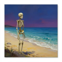 a skeleton standing on a beach next to the ocean, a surrealist painting by Storm Thorgerson, featured on cg society, nuclear art, surrealist, apocalypse landscape, chillwave