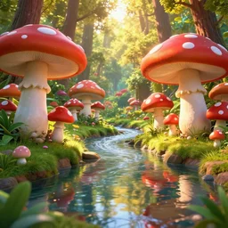 river in a forest of giant red and white spotted mushrooms, golden hour, ray tracing reflection, 8k, mushroom kingdom, super mario brothers themed, realistic mario landscape, hyper realistic