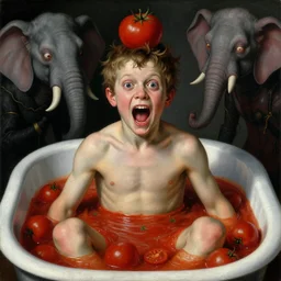 a boy like eraserhead and elephant man sitting in a tub full of tomato sauce, looking straight into camera, screaming in desperation, by giuseppe arcimboldo and ambrosius benson, renaissance, fruit, intricate and intense oil paint, a touch of beksinski and hr giger and edward munch, realistic