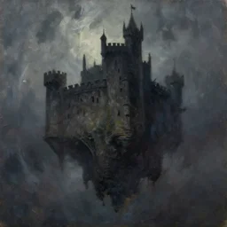 Castle dark and sinister floating in the sky, oil on canvas, brush strokes
