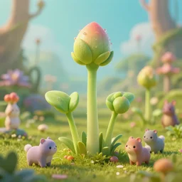 a beautiful picture of close up plant sprouts in a fantasy world full of interesting buds fictional and gorgeous, cute animals walking nearby, 8 k resolution, highly detailed, hdr, artwork, trending on artstation