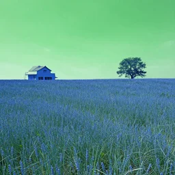 blu field blu grass, green sky green air, surreal collage
