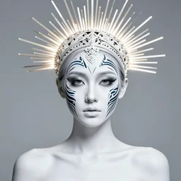 absurdly beautiful, fashionable young woman with clear white skin and symmetrical tribal makeup, wearing an intricate headdress made from light rays, wearing large earrings made from tiny mirrors, background in the fourth dimension, psychedellic fractals, ayahausca, tryptamine, hyperdetailed illustration by irakli nadar and alexandre ferra, intricate linework, unreal engine 5 highly rendered, global illumination, radiant light, detailed and intricate environment
