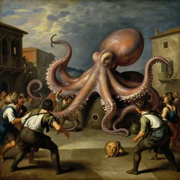 painting of a giant octopus in an italian square crowded with frightened people of an Italian town in 1800s, Caravaggio