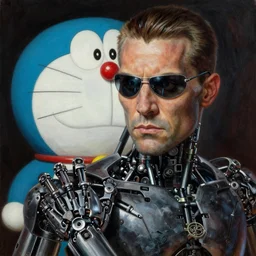 realistic portrait beautiful painting from scene in the terminator movie, when robot turned into sinister doraemon. horror, created by thomas kinkade and gustave courbet, fine draw, high detailed, fine lighting, smooth draw, no anomaly.