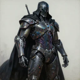 dark cyborg armour made of intricate complex circuitry and microchips, iridescent, warrior assassin, black cloak, colorful, intricate linework, gothic baroque, realistic oil painting, rutkowski, wlop, chebokha, artgerm