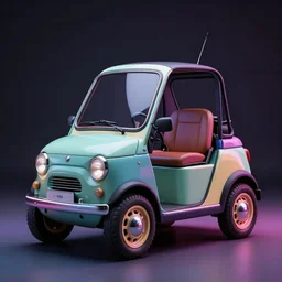 small modern utility car with single sit, with classic vintage design, award winning photo, 4 k, very detailed, photolab, lighting, dark background, neon colors