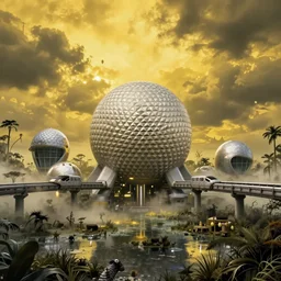 post - apocalyptic epcot center, wasteland, submerged, monorail, abandoned, wet, swamp, swamp gas, nuclear fallout, yellow mist, yellow sky, dark clouds, walt disney world, highly detailed, intricate, 8 k, self - aware ai renderer