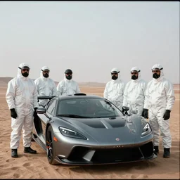 a group of men wearing hazmat suits, standing in front of saleen s7, in desert, arriflex 35, film still, cinematic composition