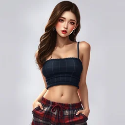 a beautiful korean woman with sultry honey eyes and brown hair, wearing plaid pleat shorts and drawstring shirred tube top, stunning, highly detailed, digital painting, artstation, hard focus, art by artgerm and wlop