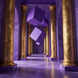 ultrawide shot of purple marble hallway, giant gold pillars, floating purple geometric shapes, concept art, anato finnstark style,