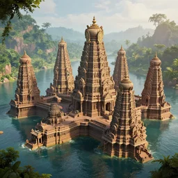 4 k unreal engine render of an ancient never seen before indian high detail temple islands. complex architecture with intricate aetheral pilars. high detailed water. jungle background. afternoon light. hyper realistic render, digital illustration, trending on art station