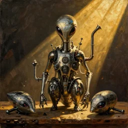 still life painting of alien technology, by pieter claesz, oil on canvas, strong lighting, highly detailed, hyper realism, golden hour, god rays, hd, 4 k