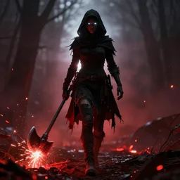 A woman walking towards the camera. She is cloaked in darkness, siilloeted. her eyes glow white. she is dragging a long axe, the axe is sparking along the ground making red embers. The woman is being backlit by the red embers. The woman is wearing tatters and ripped apart clothing. 4k wallpaper. unreal engine 5. lens flare. lensflare.