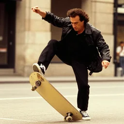 danny devito doing kickflip, street photography, warm colors