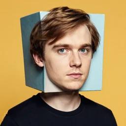 PewDiePie with a square head, painted by Gilbert Williams
