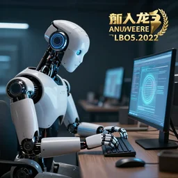 robot working on a computer, hyperrealistic, cinematic lighting, award winning photography