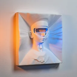 photogrammetry polycam lidar 3 d scan model on very beautiful white wall with beautiful contrast of light and shadow, orange to blue gradient luminescence, optical illusion, close - up, in focus, reflection