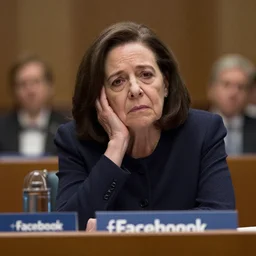 Movie still of a tired, old, and ugly Sheryl Sandberg testifying in Congress in Facebook The Movie (2017), directed by Steven Spielberg