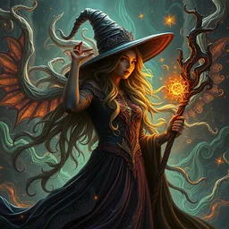 beautiful witch, hyper detailed, flowing psychadelic background intricate and detailed, 8 k, octane render