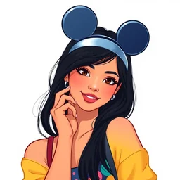 woman, black hair, tan skin, curvy, slight resemblance to selena gomez wearing mickey's ears headband. colorful clothes. clean cel shaded vector art. shutterstock. behance hd by lois van baarle, artgerm, helen huang, by makoto shinkai and ilya kuvshinov, rossdraws, illustration,