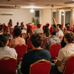 stock photo a party here everyone has red chairs for heads