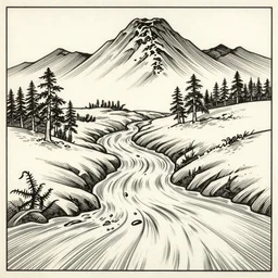 a japanese woodcut, river flowing, mountain, ernst haeckel, moebius