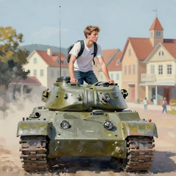 A young man riding the front of a tank, town, by Greg Rutkowski, painting, trending on artstation