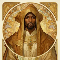 head-on symmetrical centered painted portrait, Ghana Ali as a D&D wizard, art nouveau, medieval robes, fantasy, intricate, elegant, highly detailed, smooth, sharp focus, illustration, artstation, in the style of Artgerm and Alex Ross and Mucha