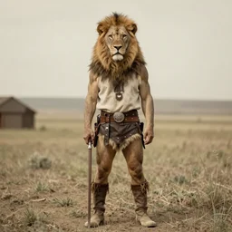 full body portrait of lion barbarian, wild west photograph
