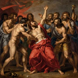 The Sacrifice of Abraham by Rembrandt,  elegant, highly detailed, anthro, red