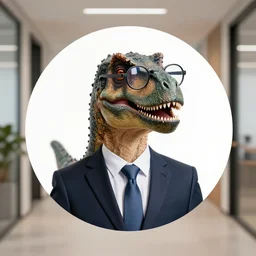 linkedin profile picture of a dinosaur in a business suit with prescription glasses on, in an office hallway