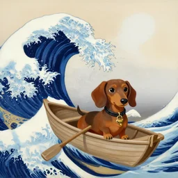 painting of a cute dachshund on a rowboat riding on the great wave of kanagawa, water color, very detailed, portrait, sea, reflective water, paddle, hyper real, happy expression, detailed environment, vibrant