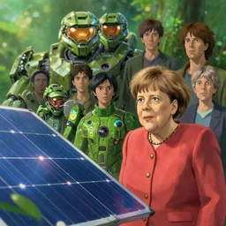 studio ghibli, angela merkel, solar, green technology, optimist future by asher durand. intricate artwork by tooth wu and wlop and beeple and dan mumford and greg rutkowski and nekroxiii. halo. octane render, cinematic, hyper realism, octane render, 8 k, depth of field, bokeh. iridescent accents. vibrant