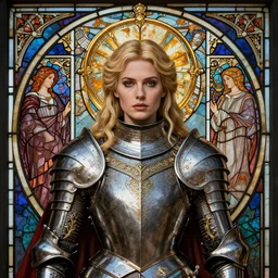 masterpiece head-on symmetrical centered portrait, Elisha Cuthbert as a RPG warrior, ornate full metal armour, blonde hair, halo around her head, gothic stained glass style, tarot card style, Pre raphaelite art style, gothic, victorian, elegant, distant, in the style of Edgar Maxence and Ross Tran and Zdzisław Beksiński and Gustave Doré and Michael Whelan and and Mucha, specular highlights, 8k, Octane Render
