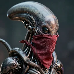 a stunning ultra detailed fantasy fine art portrait photo of a xenomorph from alien movie, by tom bagshaw, james jean and natalie shau, bandana mask, 3 5 mm lens, golden ratio composition, deep depth of field, perfect eyes and face, biomechanical robot, cybernetic implants, cyberpunk, soft lighting, artstation, 8 k