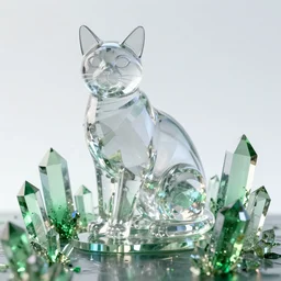 slightly transparent Statue of a Cat made out of crystal, alot of big crystals pyramids , still photography, ray tracing, reflection, 3D Model, Unreal Engine 5, 4k Image, floor is made out of green crystals