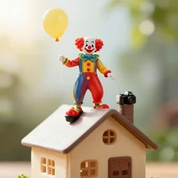 photo of a clown on top of a house with a balloon in his left hand, taken with canon eos - 1 d x mark iii, bokeh, sunlight, studio 4 k
