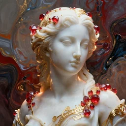 abstract highly detailed female sculpture portrait made of white marble and red crystals quartz, ethereal lights, fine details, artstation, film still, rim light, cinematic photoshooting, luxury, 8 k, intricate golden filigree, octane render, hypperrealistic painting, abstract liquid acrylic art, painting by alex heywood, randy bishop