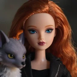 closeup portrait of madonna as ooak doll, clawdeen wolf, red hair, cinematic light