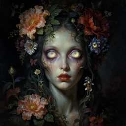 baroque neoclassicist close - up sci - fi portrait of a sci - fi horror witch overgrown with flowers and big glowing eyes. iridescence. dark black ominous background, glowing atmosphere. highly detailed science fiction horror fantasy painting by norman rockwell, frank frazetta, and syd mead. rich colors, high contrast, gloomy atmosphere. trending on artstation and behance.
