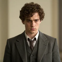a young man of 2 8, brown curly hair, short hair, journalist, tired, gaunt, handsome, dressed in a cheap suit, like jake gyllenhaal unreal render cinematic lighting art 1 9 2 0 period drama by bussiere rutkowski andreas rocha
