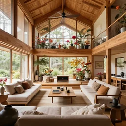 full interior view, photo of postmodern japanese livingroom in a luxurious wooden cottage, fully decorated florals, designer furniture, concept art, architecture photography by alvar aalto