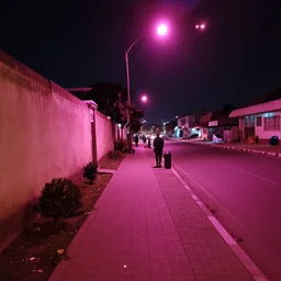 sidewalk view of dar es salaam at night, pink lighting, 2 0 5 3