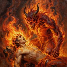 fire demon eat human, oil painting