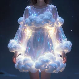 a girl wearing cloud clothes, clothes that look like clouds, stormy clothing, ambient lighting, luminous, radiant, glowing, iridescent, lustrous, shimmering, brilliant, vivid, digital art, anime style