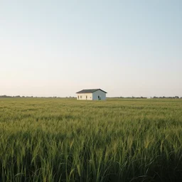 A serene landscape with a singular building in the style of Justin Gerard.