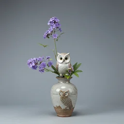 an owl ikebana vase, japanese ikebana flower arrangement, summer, purple summer flowers, owl motif, glazed clay, traditional japanese pottery, zen,