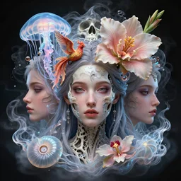 3 d head shot intricate portrait of the face of a beautiful princess mixed with skull and jellyfish and phoenix bird and giant orchid flower and giant gladiola and surrounded by smoke and water energy flow. translucent nautilus, highly detailed. octane render, excellent composition, by wlop, tooth wu, greg rutkowski, beeple